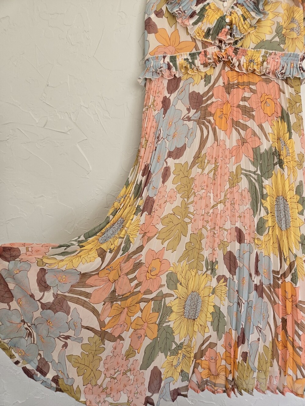 Sézane Floral Pleated Ruffle Pink Yellow Rachelle Dress, 6 - Picture 9 of 14